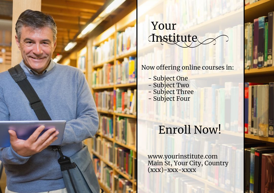 Smiling Man in Library Promoting Online Courses and Lifelong Learning