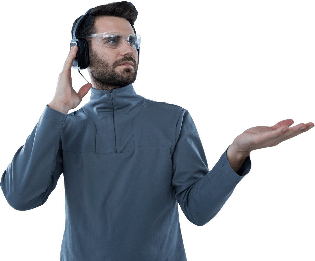 Transparent DJ in Modern Ear Protection Checking Tunes