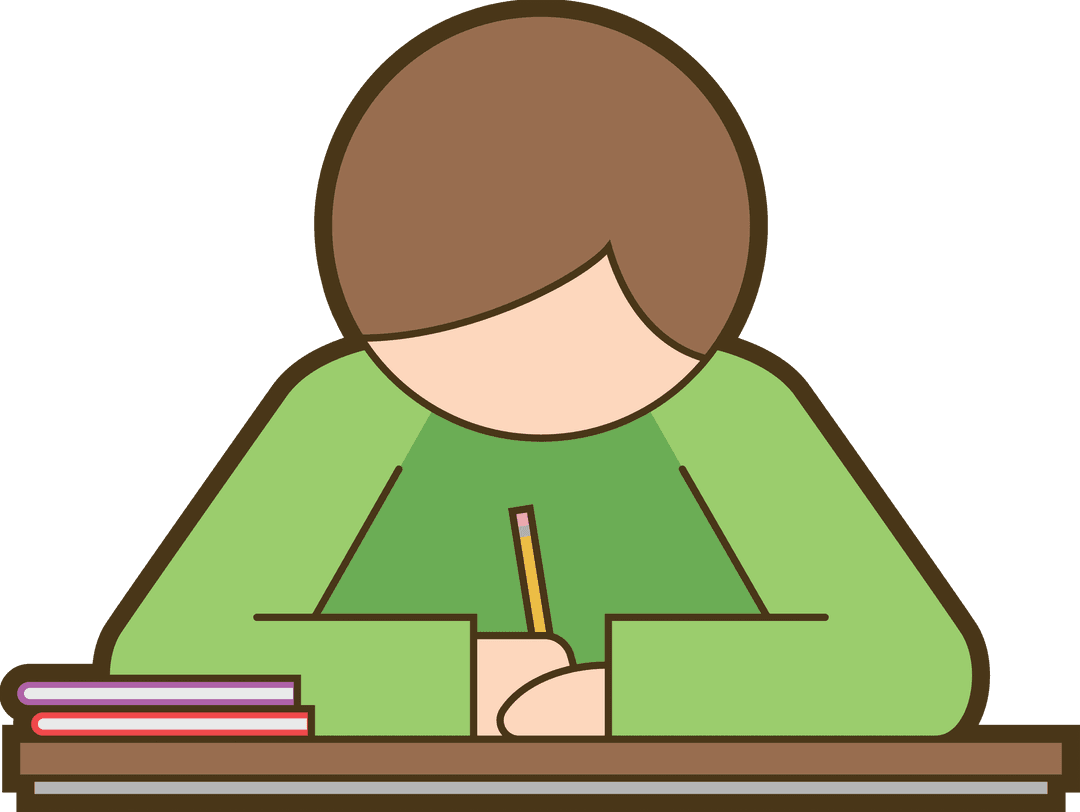 Student Writing at Desk with Books on Transparent Background