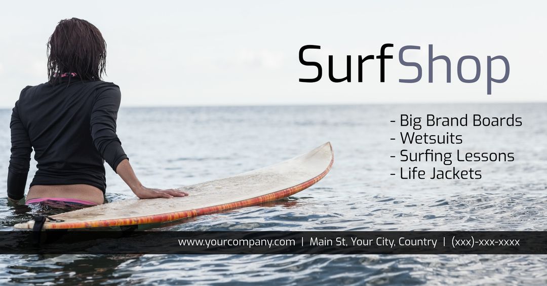 Surfer Holding Surfboard in Ocean Promoting Surf Shop - Download Free Stock Templates Pikwizard.com