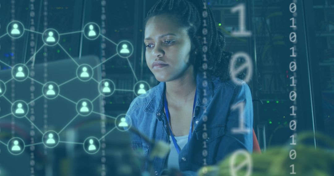 African American Woman Working on Networking and Coding Concepts