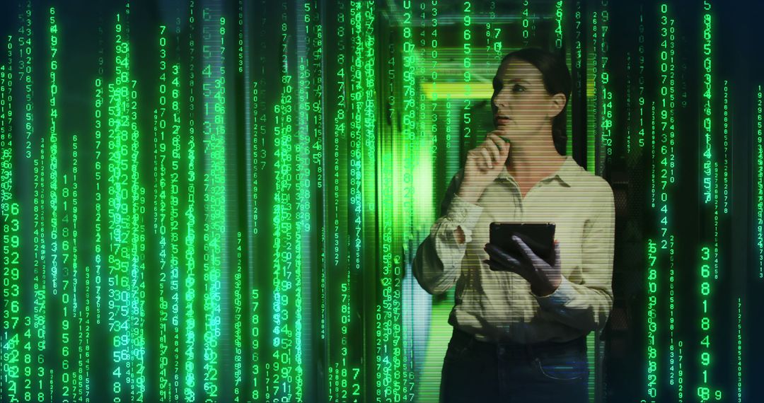 Businesswoman Analyzing Digital Data in Server Room