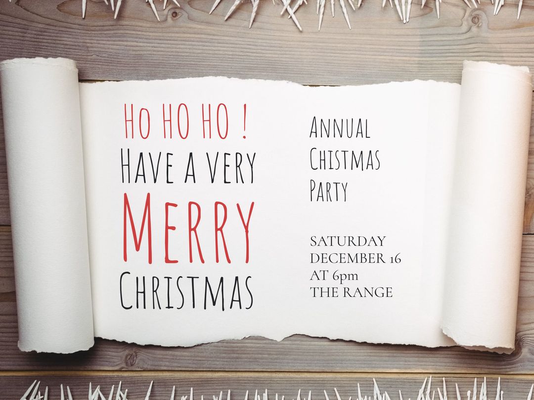 Christmas Party Invitation Roll with Rustic Wood Background