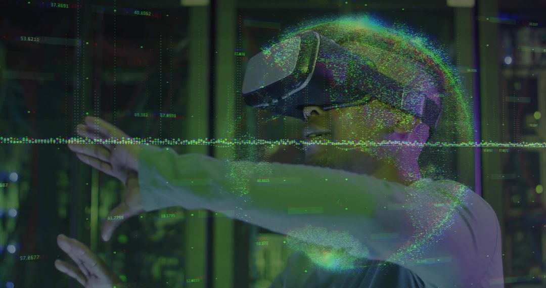 IT Engineer Exploring Holographic Data with VR Headset in Data Center