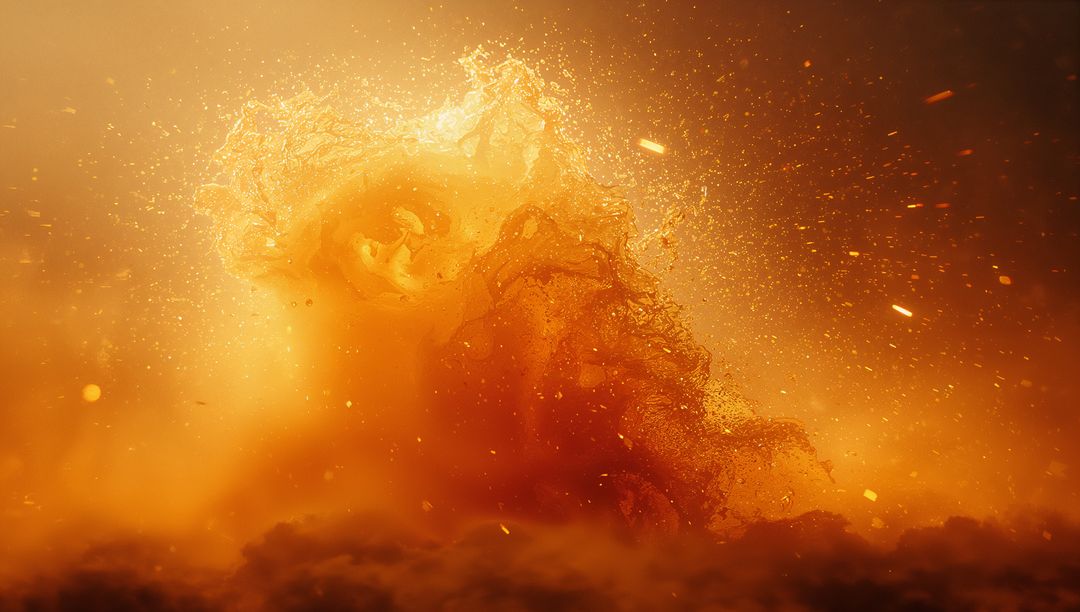 Fiery Orange Explosion with Fiery Droplets Suspended In Fluid Motion