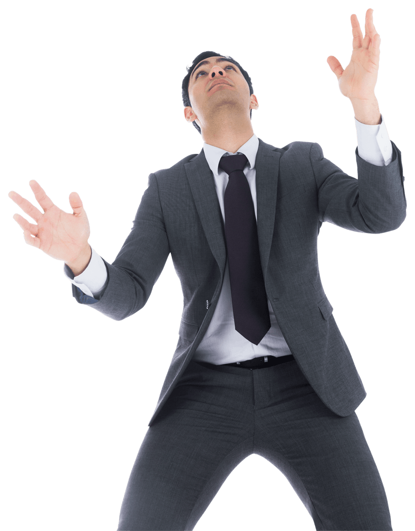 Focused Asian Businessman Looking Up and Waiting on Transparent Background