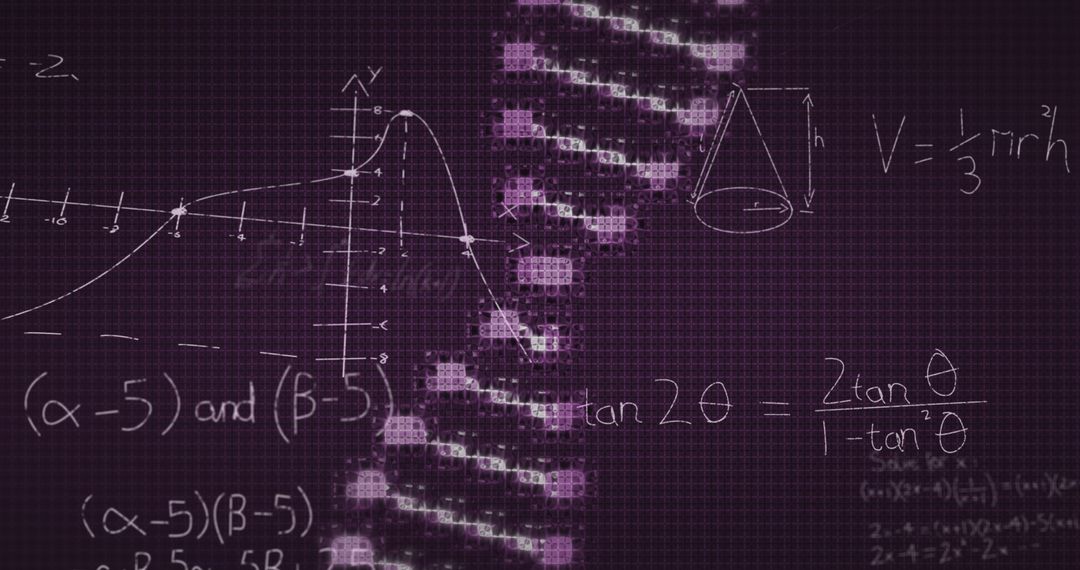 Mathematical Equations over DNA Strand on Dark Grid Background