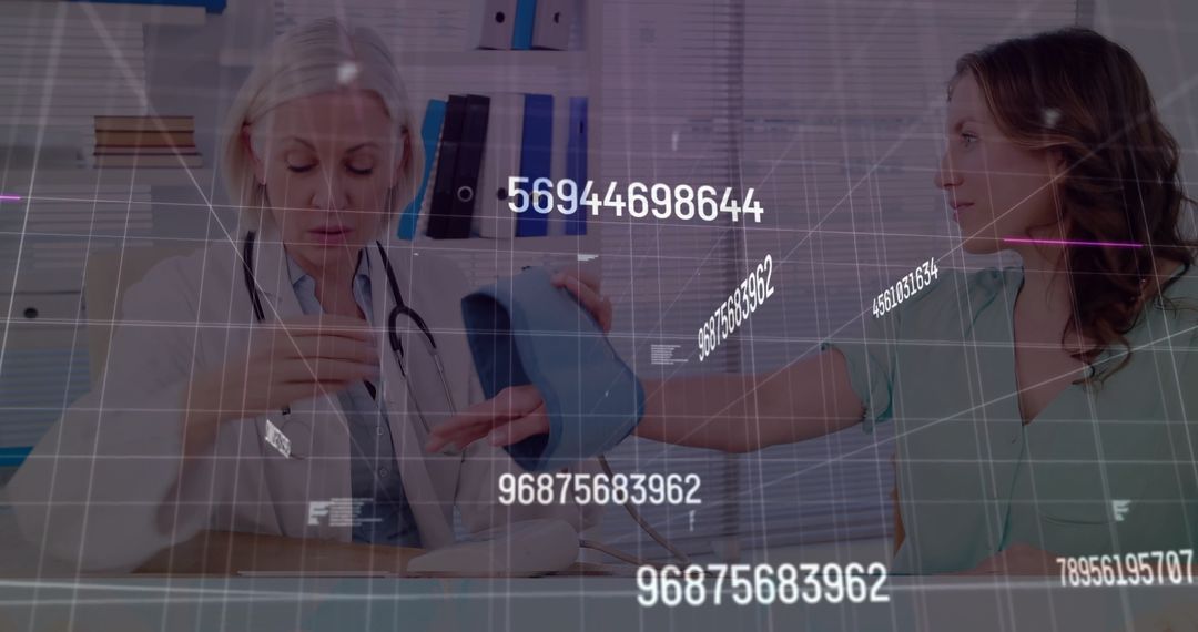 Doctor Checking Blood Pressure Highlighting Medical Data Integration