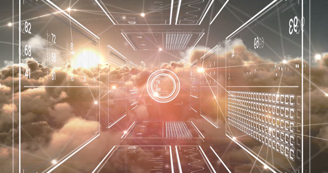 Futuristic Digital Interface with Data Visualization Over Clouds
