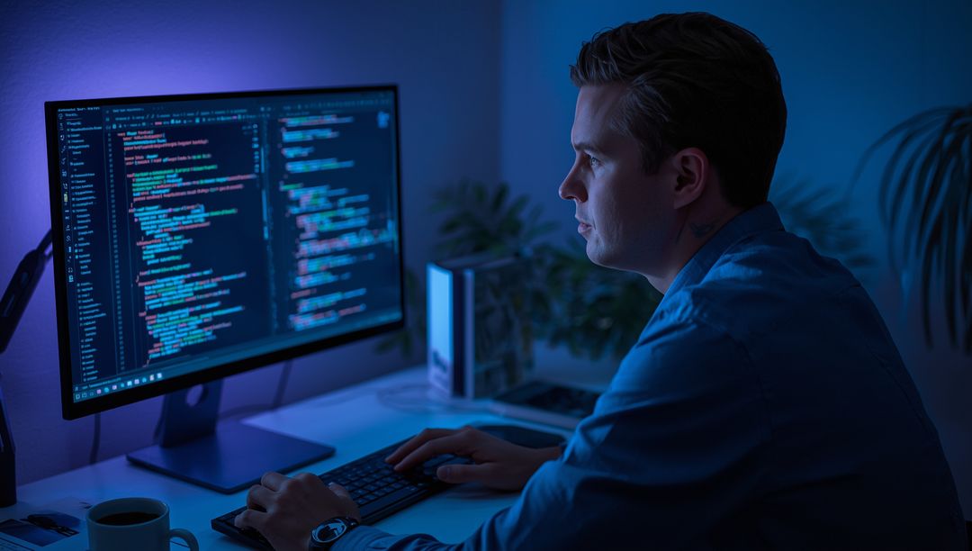 Focused Programmer Typing Code in Dimly Lit Home Workspace