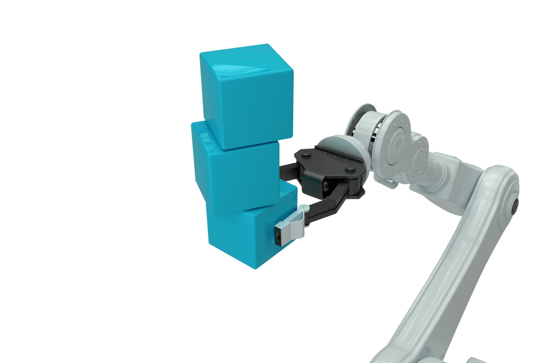 Transparent Robot Arm Gripping Blue Blocks