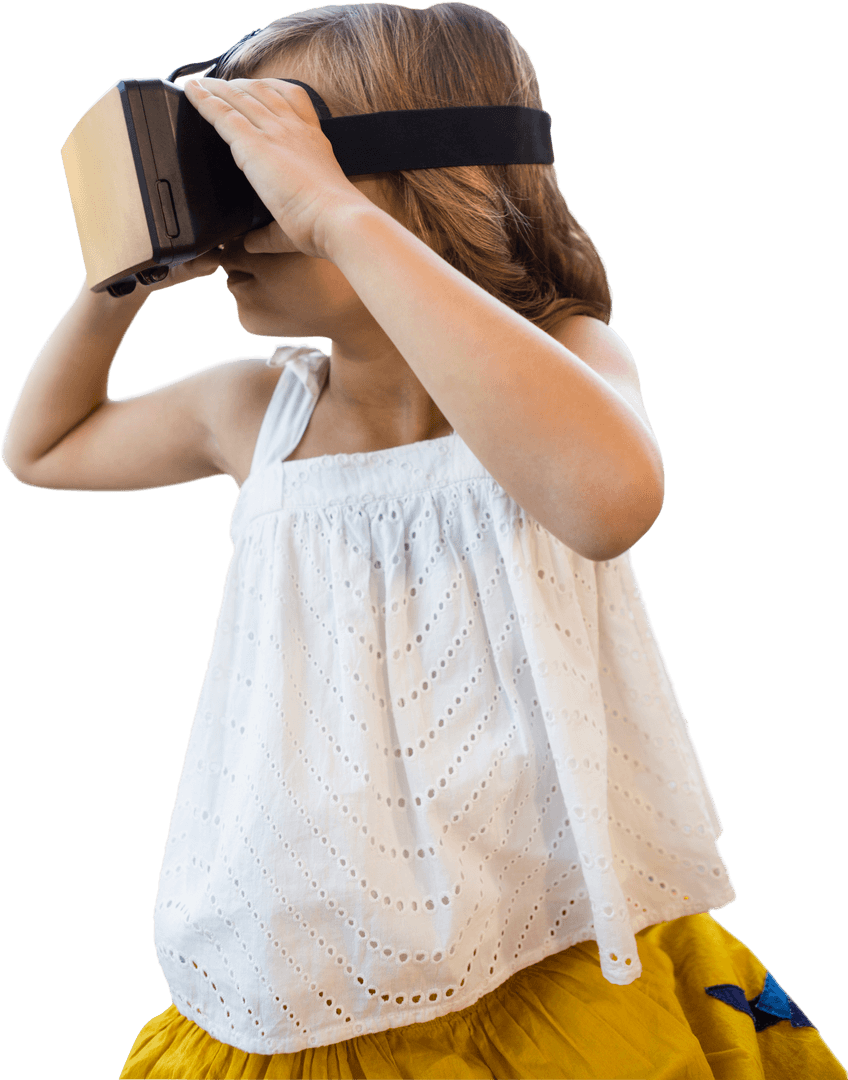 Young Girl Exploring in Transparent VR Headset Technology Future Concept