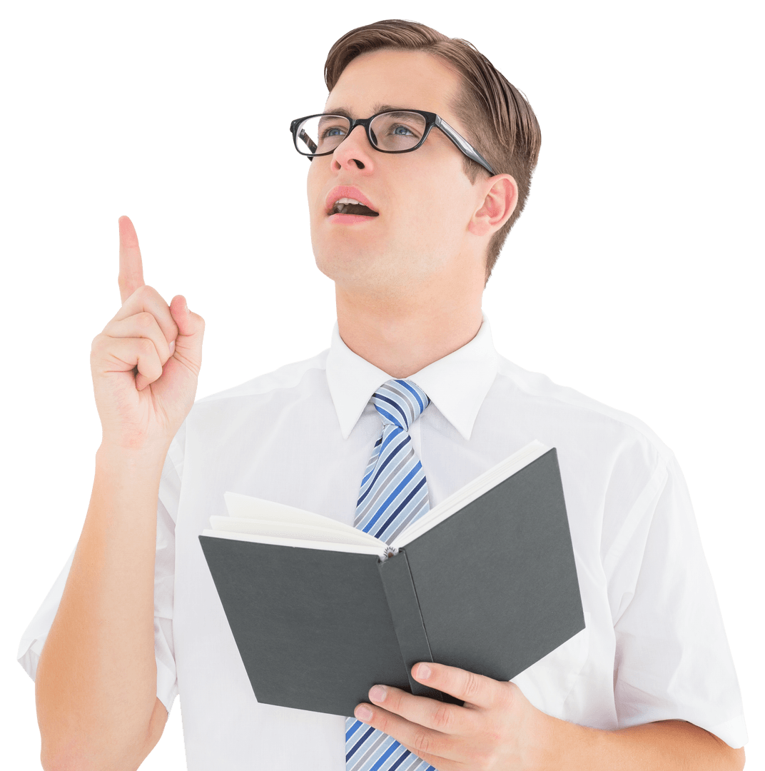 Transparent Geeky Businessman with Book Suggesting Ideas