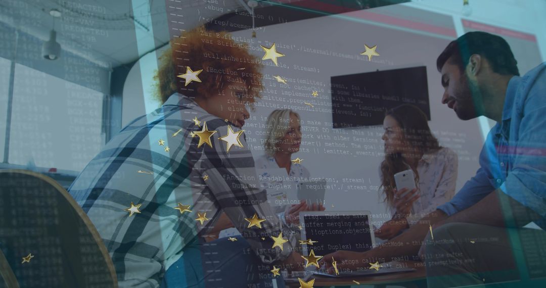 Diverse Team Collaborating in Modern Office Meeting with Technology Overlay