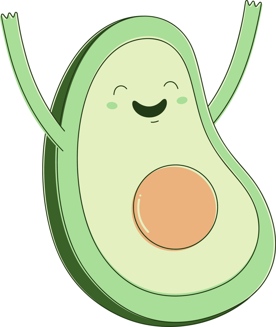 Happy Avocado Character Waving on Transparent Background