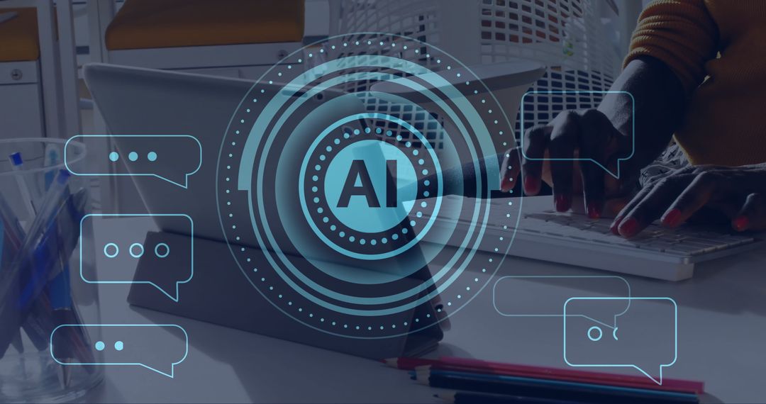 AI Technology Overlay with Woman Typing on Laptop