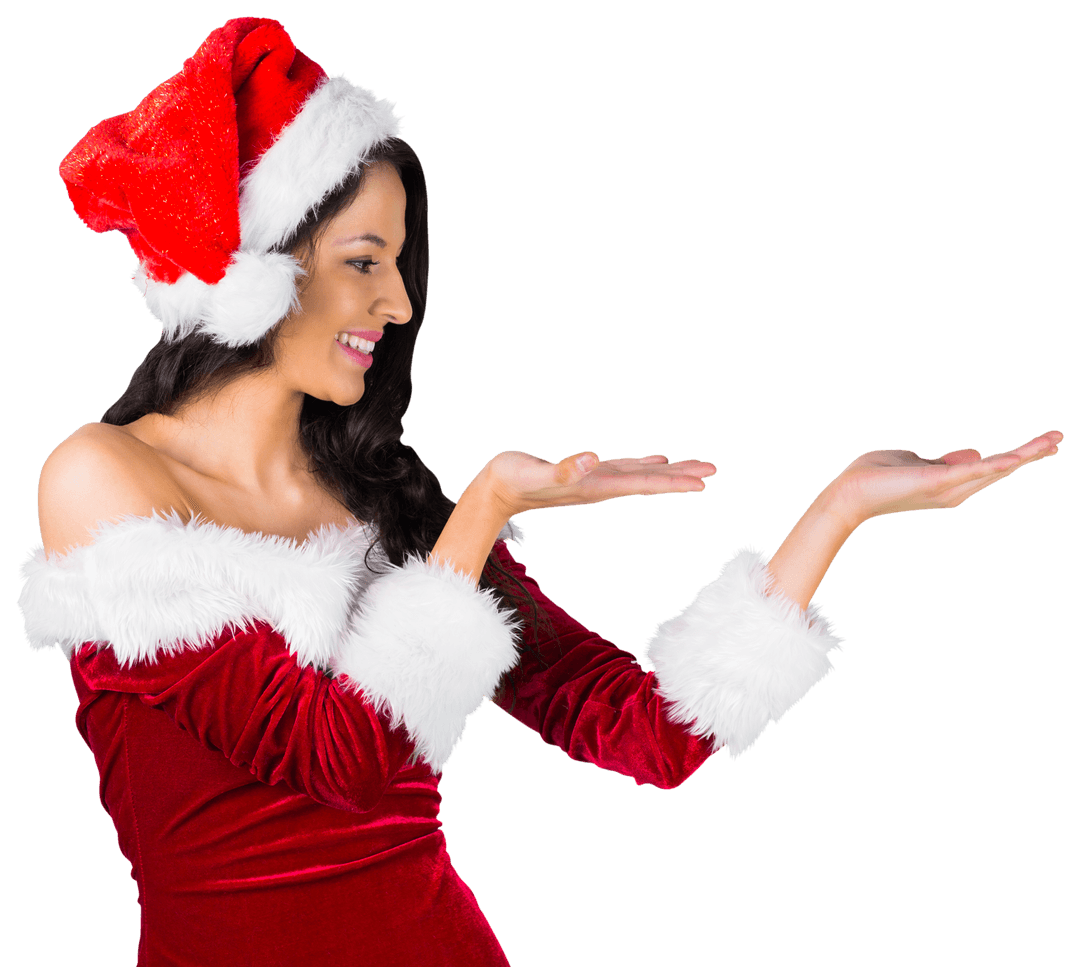 Smiling Woman in Santa Costume Presenting on Transparent Background