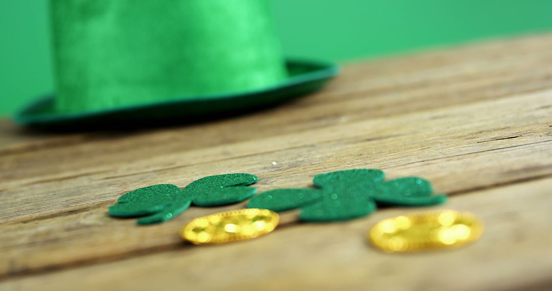 St. Patrick's Day decorations on wooden table including hat, clover leaves, and gold coins - Free Images, Stock Photos and Pictures on Pikwizard.com