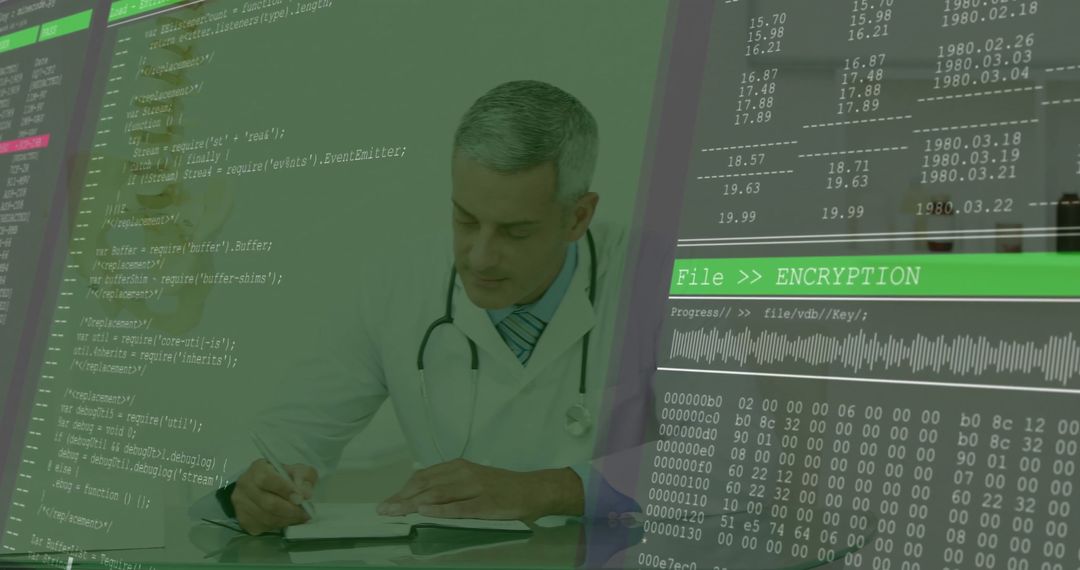Doctor Working with Encryption and Technology Display