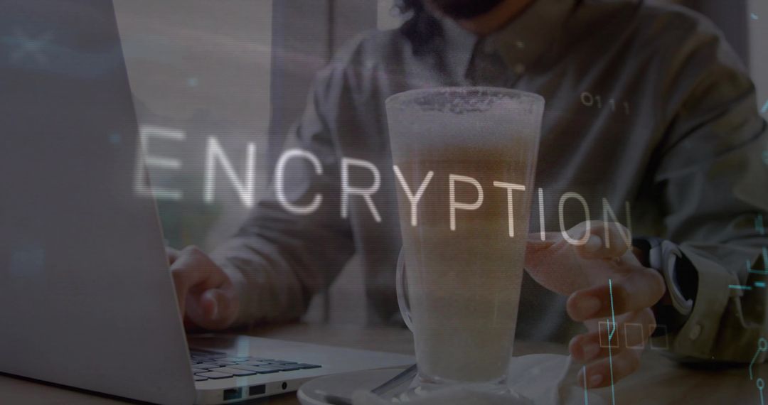 Freelancer working on laptop at cafe with encryption overlay and frothy latte