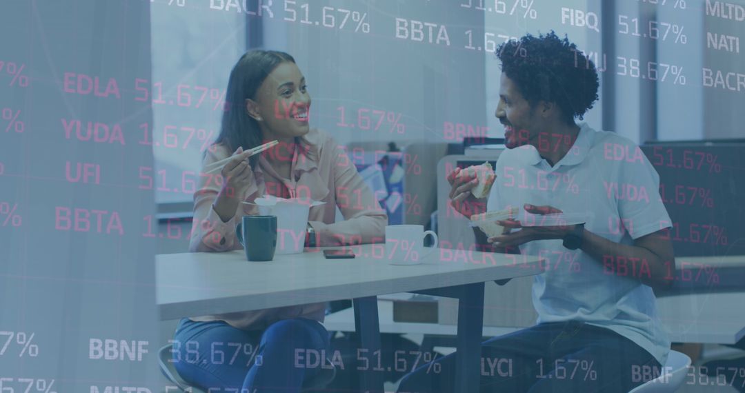 Financial Data Overlay with Diverse Coworkers Sharing Lunch