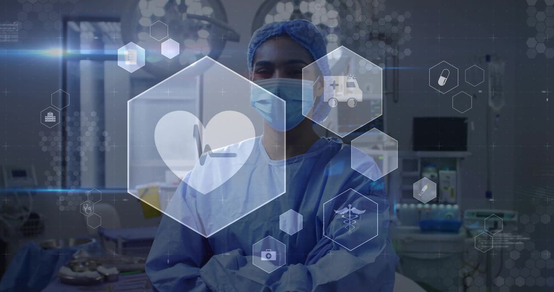 Smiling Surgeon with Innovative Healthcare Technology Visualization