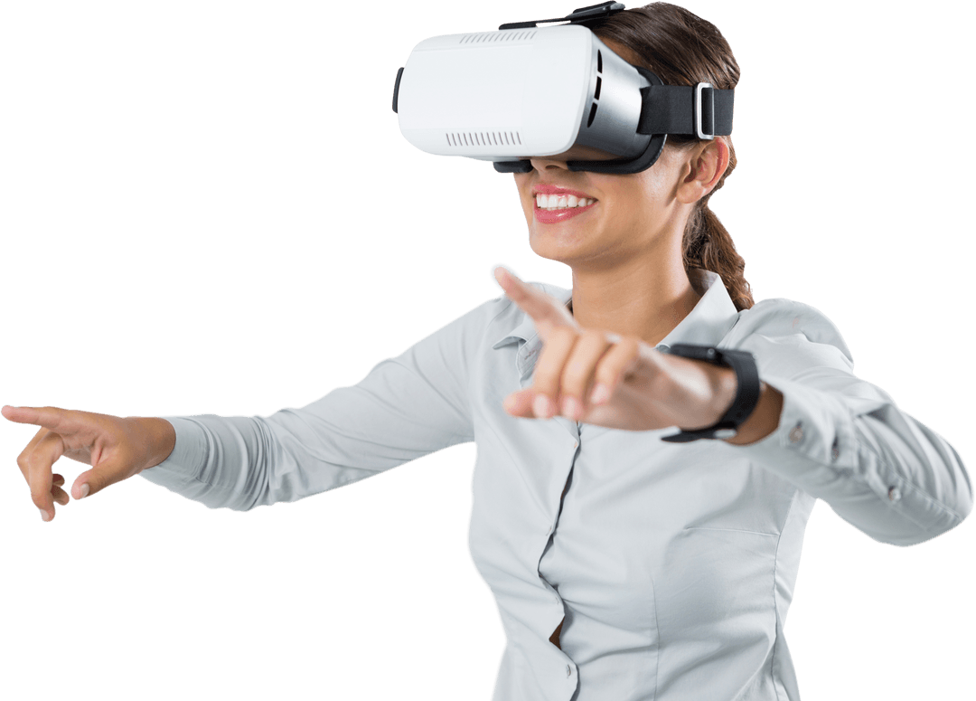 Transparent Female Executive Using Virtual Reality Headset in Office Attire