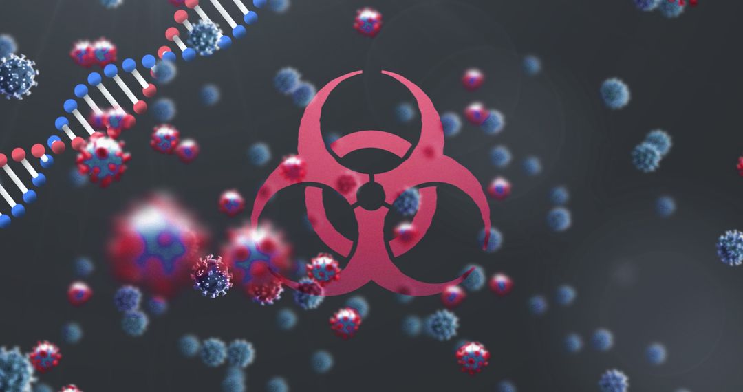 Virus Cells and DNA with Biohazard Symbol Over Dark Background
