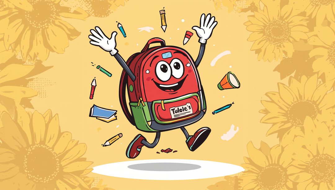 Cartoon Backpack with School Supplies Surrounded by Sunflowers