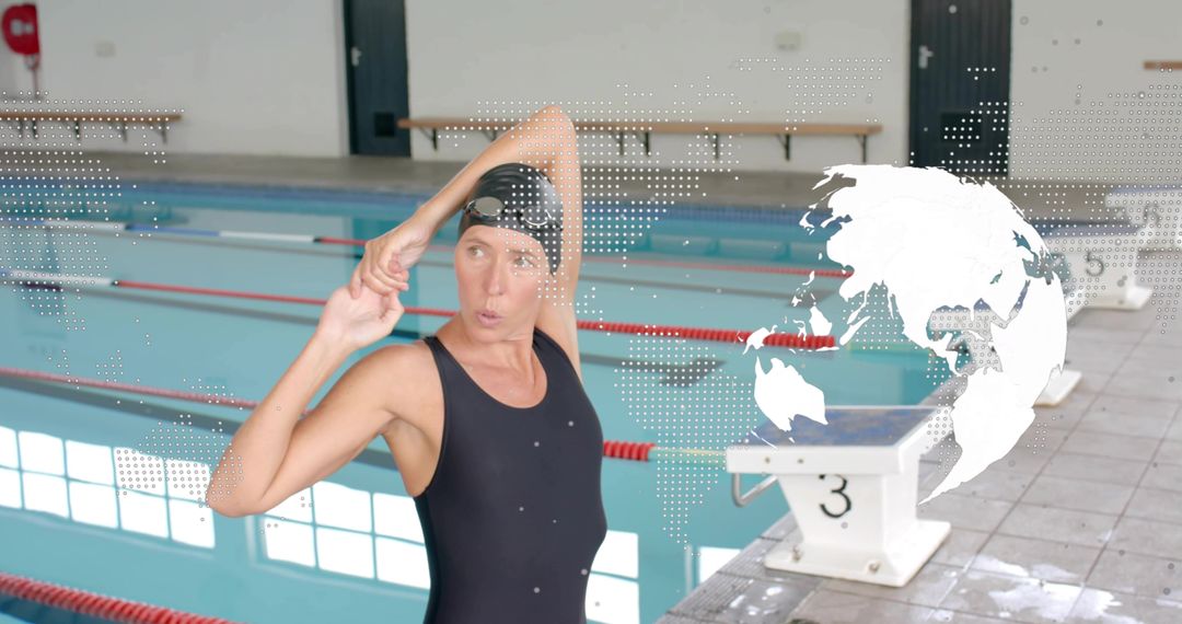 Female swimmer stretching on pool deck by starting block with digital globe overlay