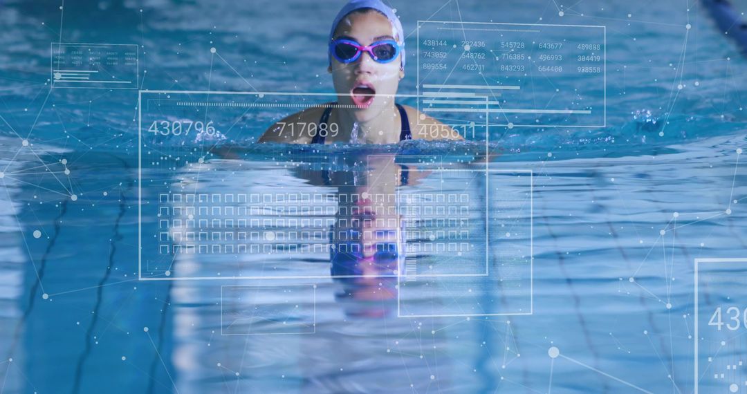 Futuristic Female Swimmer Breathing with Digital Overlay Effects
