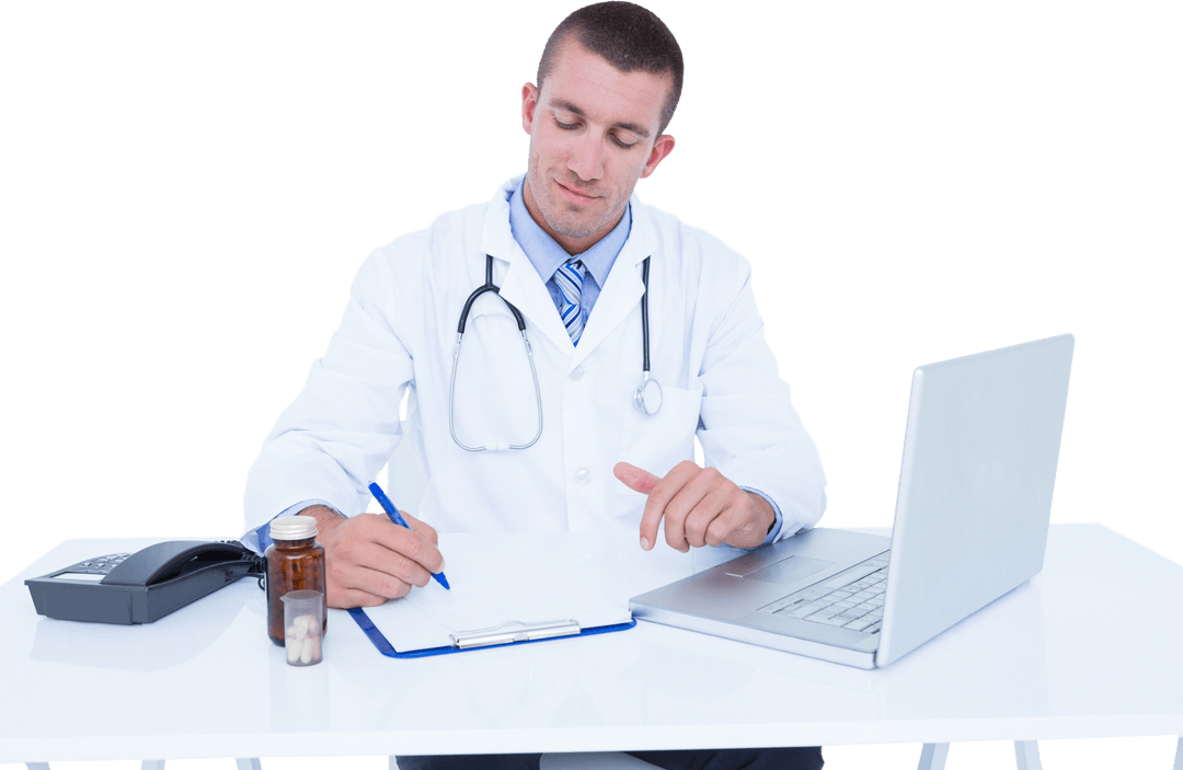 Transparent Background Doctor Writing at Desk with Modern Instruments
