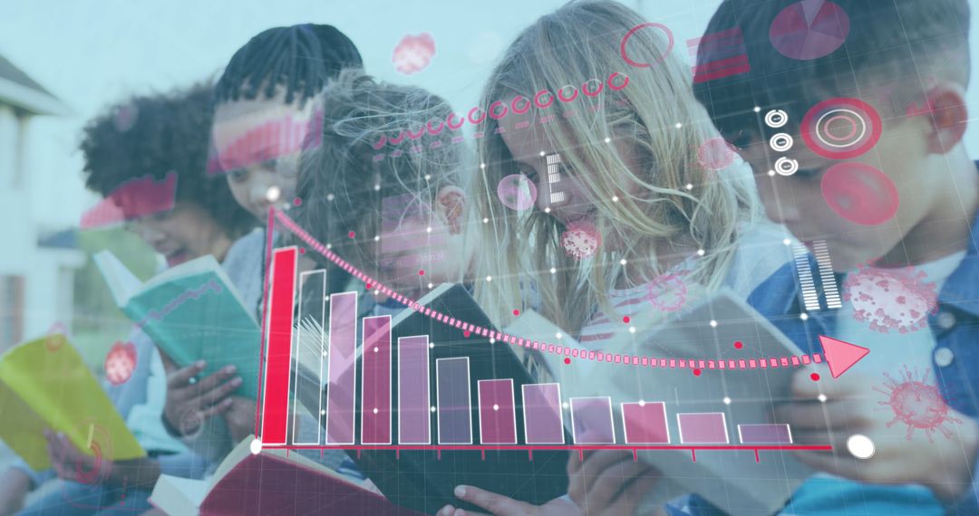Students Studying with Overlaid COVID-19 Data Graphics
