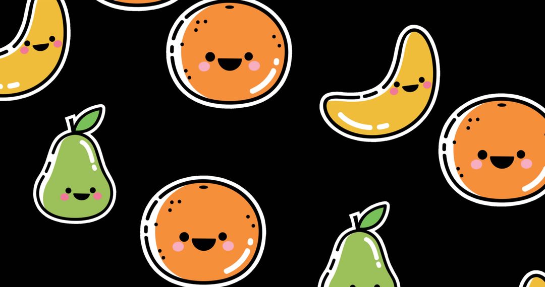 Cute Smiling Fruits on Black with Playful Cartoon Faces