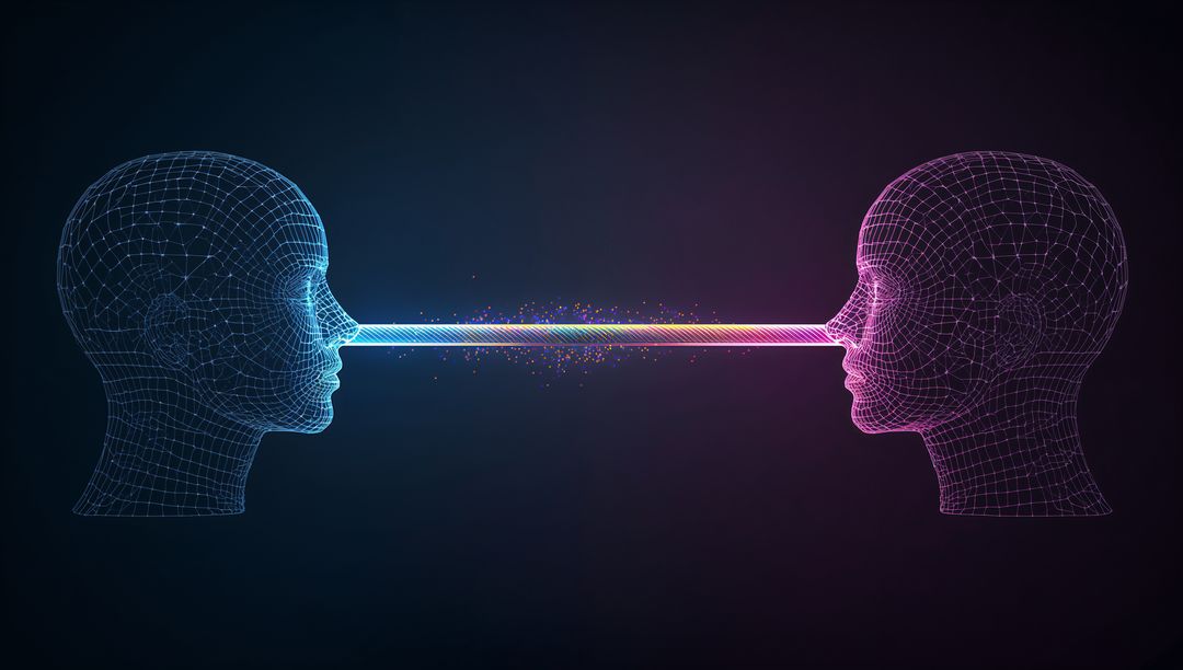 Digital Minds Connecting with Neon Data Beam Between Wireframe Heads for AI Communication