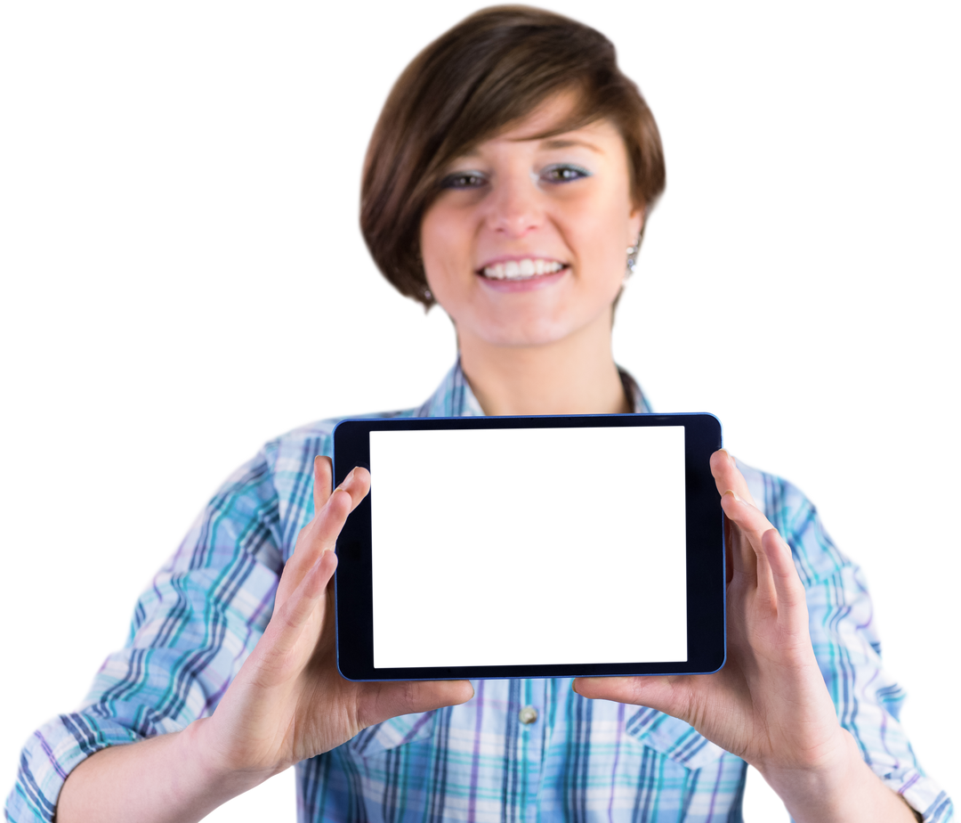 Transparent Smiling Woman Presenting Tablet With Blank Screen - Download Free Stock Images Pikwizard.com