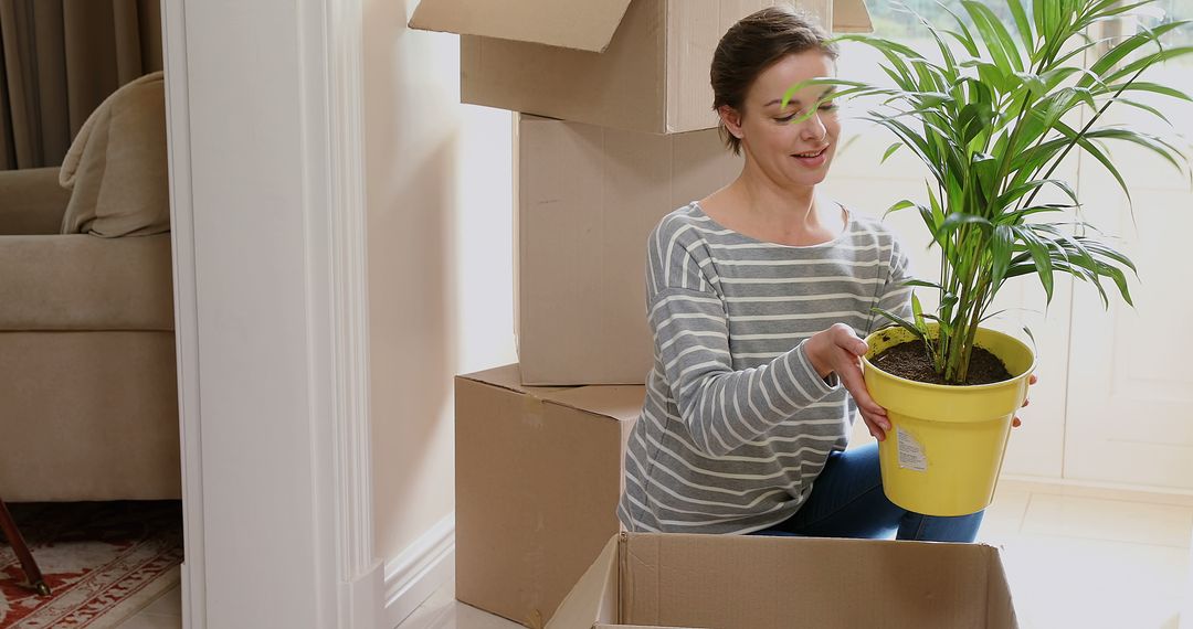 Woman Unpacking Houseplant While Moving Into New Home - Free Images, Stock Photos and Pictures on Pikwizard.com