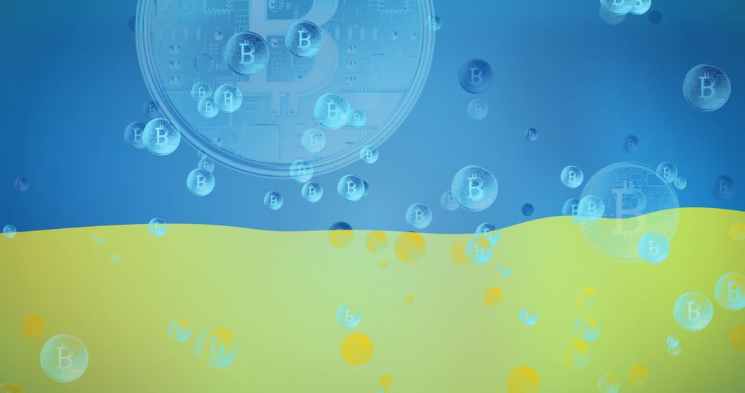 Bitcoin Icons Floating Over Ukraine Flag Commentary on Economics