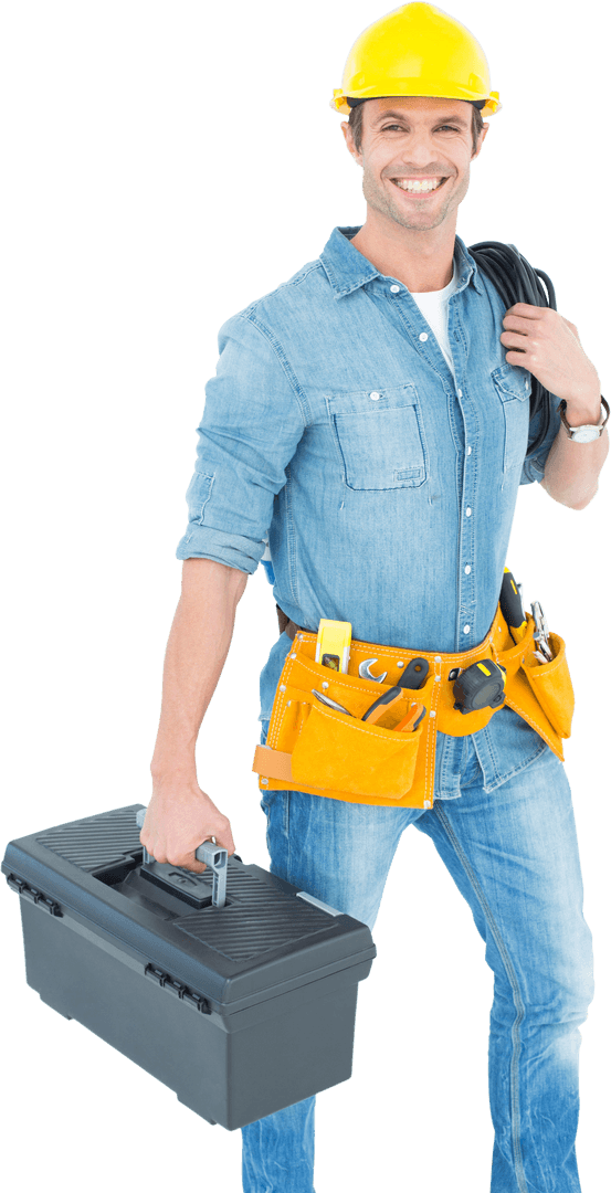 Transparent Happy Electrician Holding Toolbox and Cable in Tool Belt