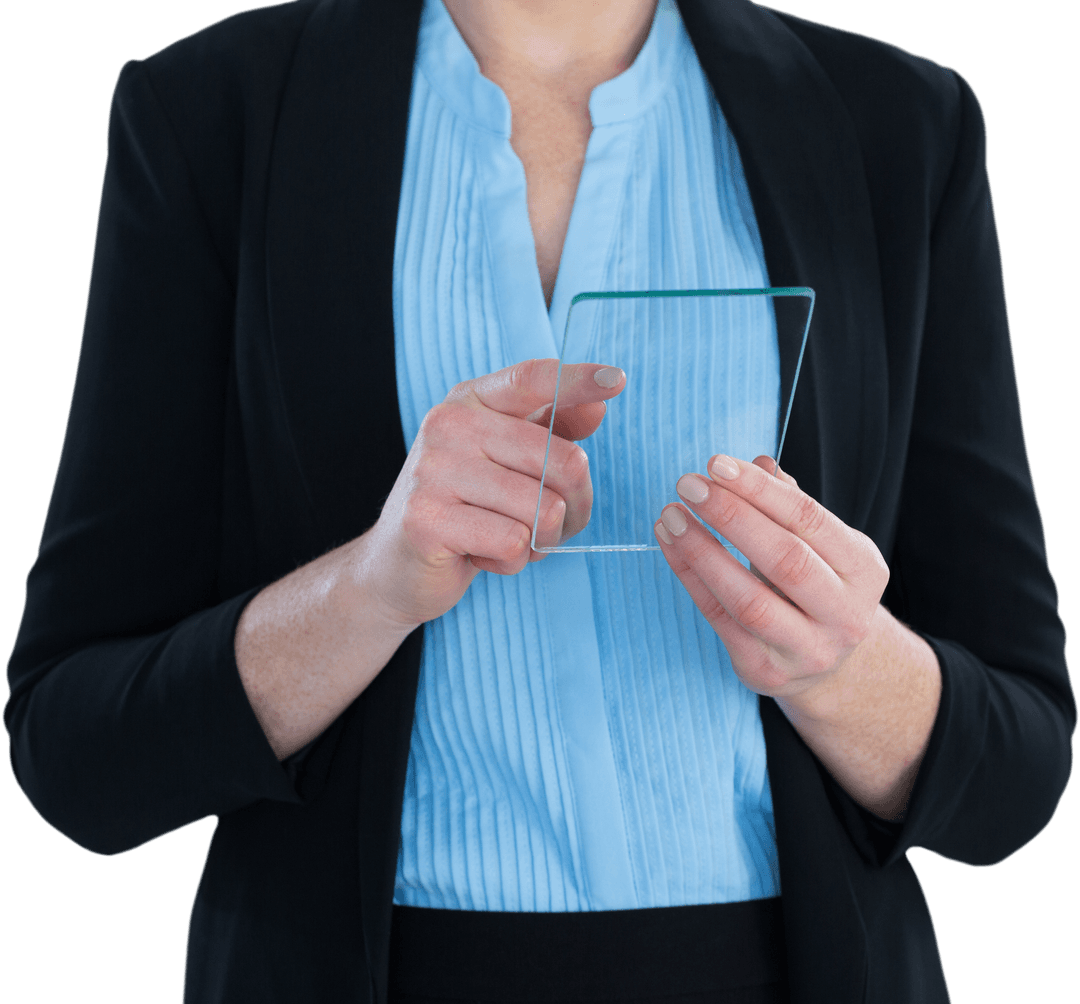 Transparent Glass Interface Technology in Business Woman's Hands