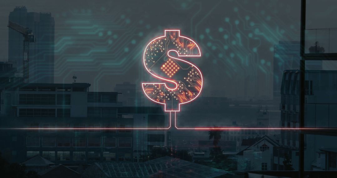 Futuristic Dollar Sign with Circuit Elements Over Urban Skyline