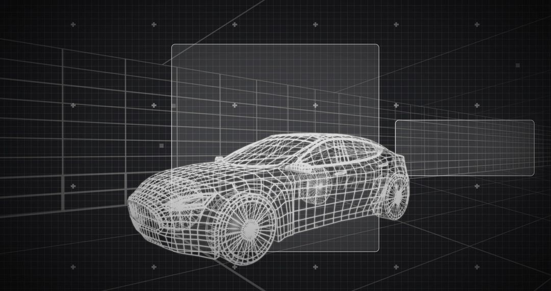 Wireframe Hatchback CAD Rendering Showing Grid Plane and UI Panels in Monochrome