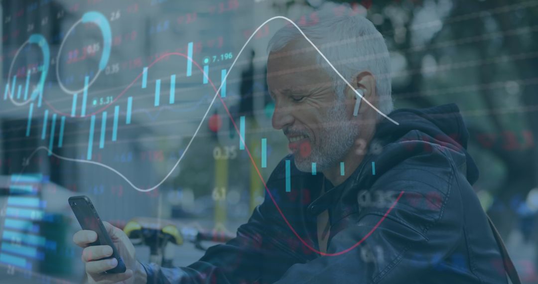 Senior Man Analyzing Stock Data on Smartphone in Park