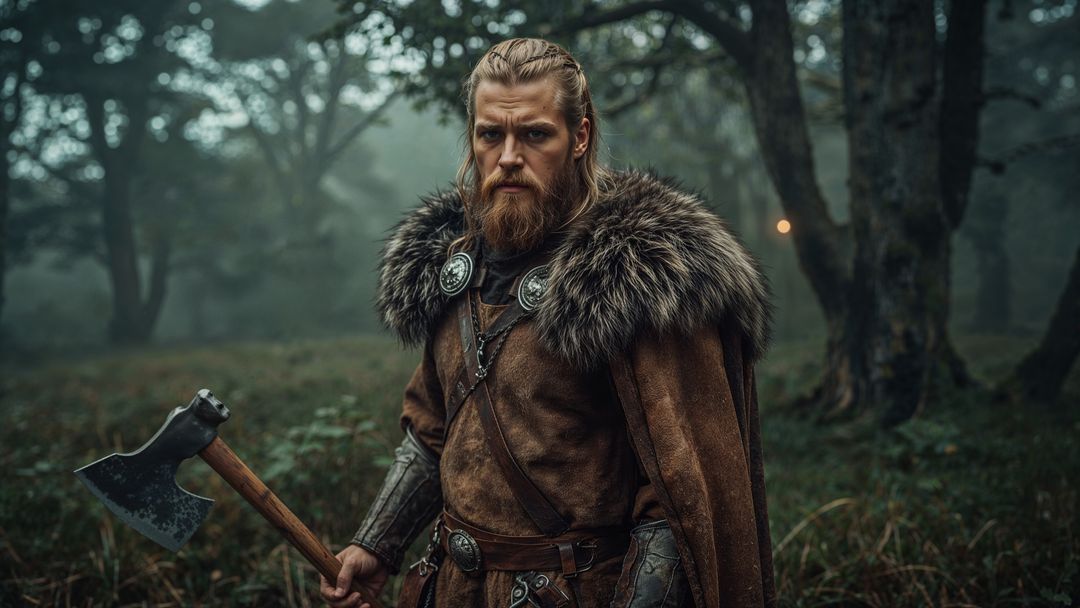 Medieval viking warrior axes grip in mysterious misty forest
