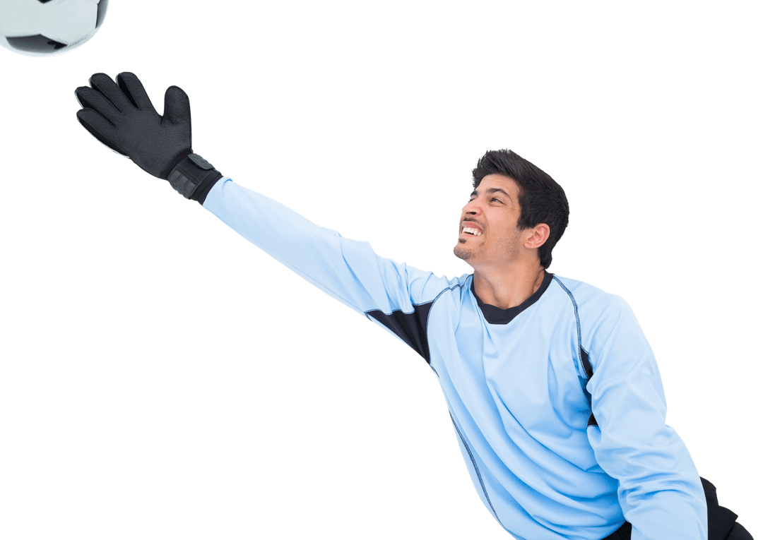 Caucasian Male Goalkeeper Reaching to Catch Football on Transparent Background