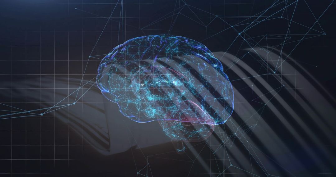 Futuristic 3D Brain Hologram with Network Nodes on Dark Grid