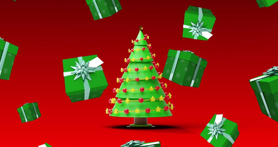 Floating Christmas Presents and Decorated Tree on Red