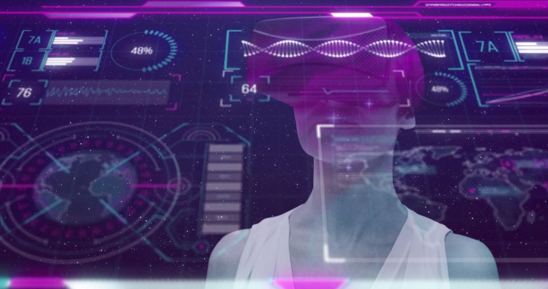 Woman Engaging with Futuristic Data Through VR Headset