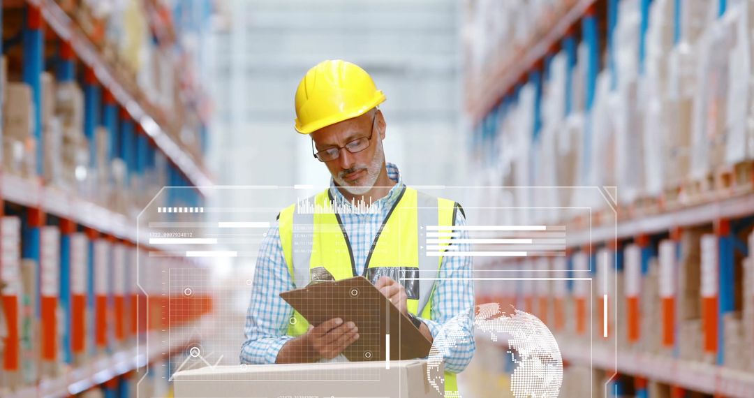 Warehouse Manager Inspecting Inventory with Digital Interface Overlay