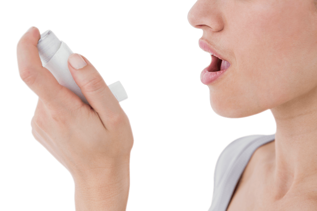 Woman Using Inhaler Demonstrating Transparent Health Care Method